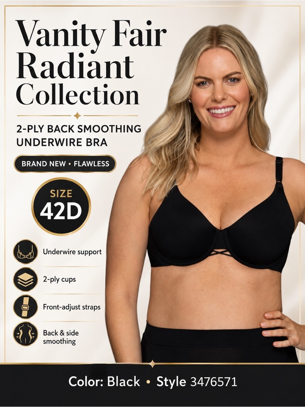 Vanity Fair Radiant 2-Ply Full Coverage Back Smoothing Underwire Bra 42D Black - Picture 2 of 15